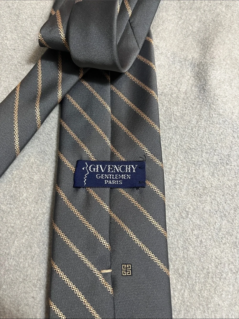 Vtg Givenchy Gray Tie with bronze woven Diagonal Stripes.